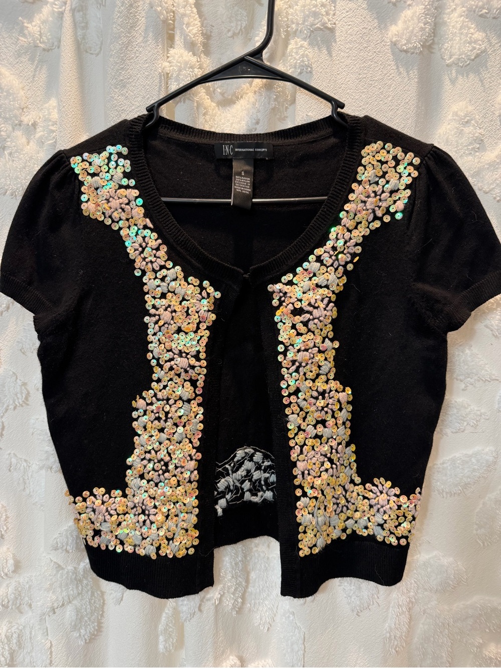INC International Concepts Black Sequin-Embellished Short Cardigan